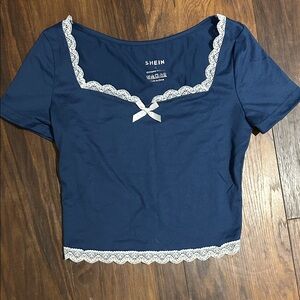 SHEIN Navy Blue Crop Top with Lace Trim
